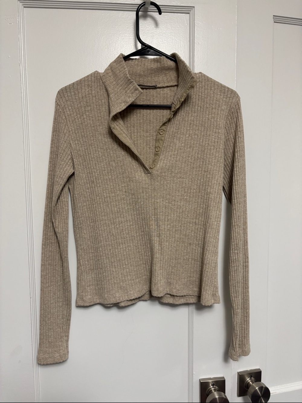 Zara Preppy Coastal Grandma Beige Ribbed Long-Sleeve Button Polo Top